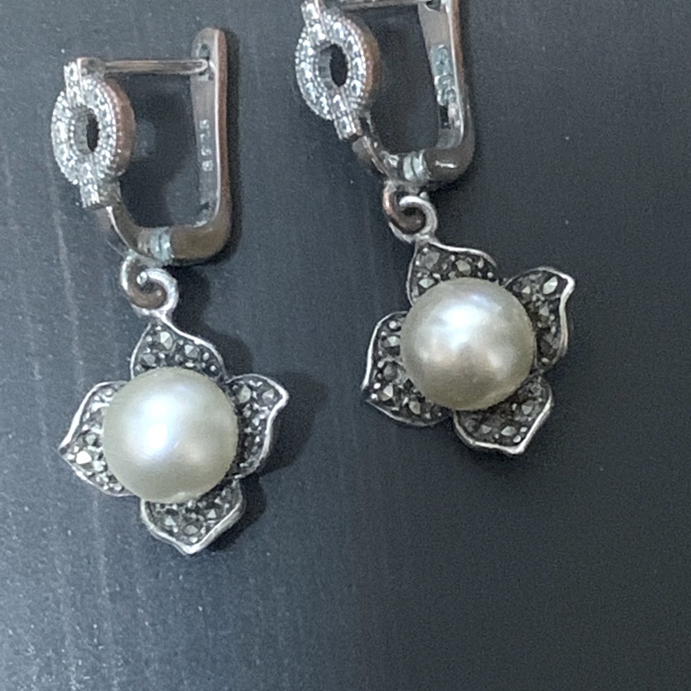 Genuine Pearl Marcasite Sterling Silver 925 Earrings